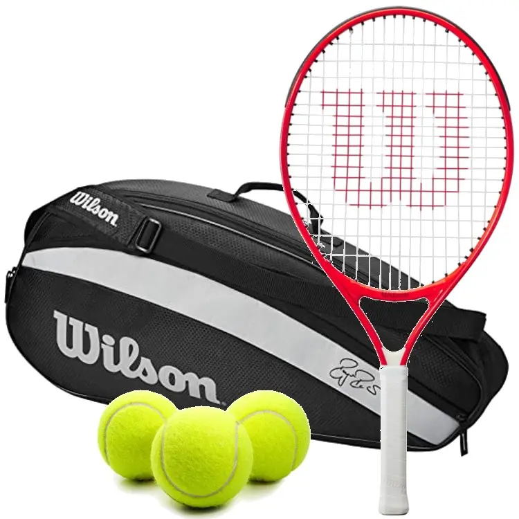 Wilson Roger Federer Glossy Red Junior Tennis Racquet Bundled w the Federer Team 3 Racquet Tennis Bag (Black) and 3 Tennis Balls