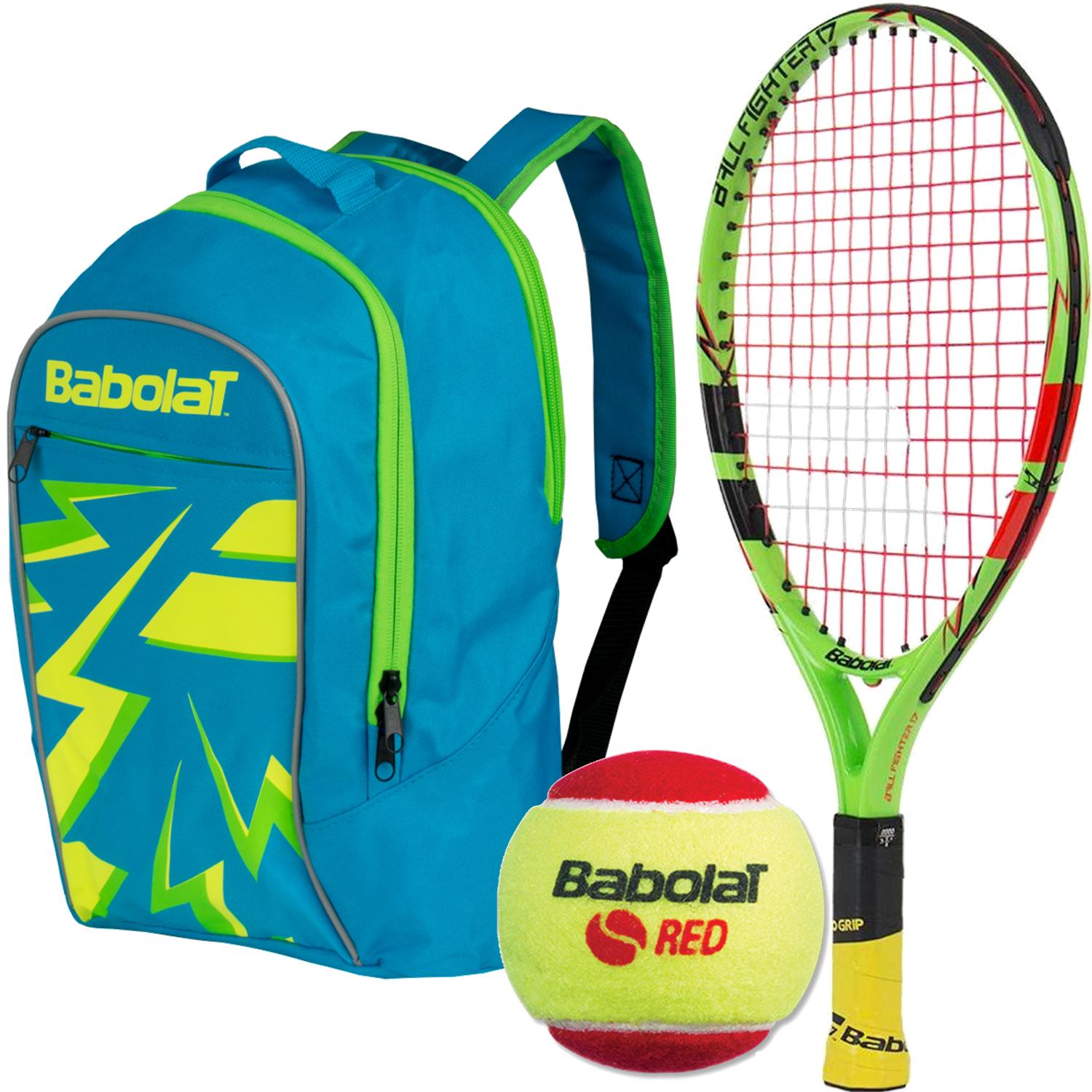 Babolat Ballfighter 17 Inch Child&amp;apos;s Tennis Racquet with Red Felt Tennis Balls a Blue or Purple Junior Backpack