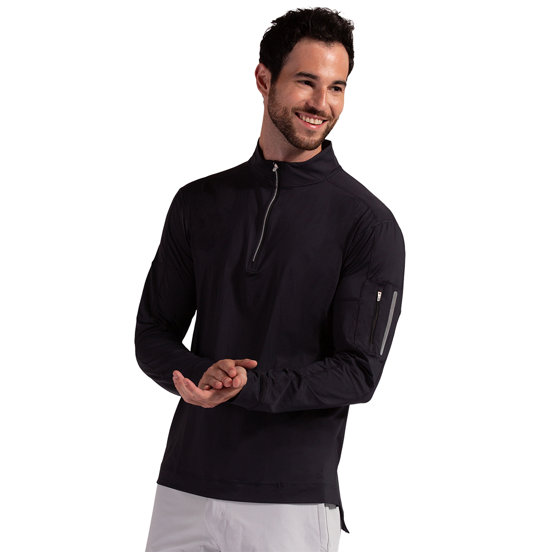 BloqUV Men's UV Protection Mock Zip Long Sleeve Tennis Shirt (Black)