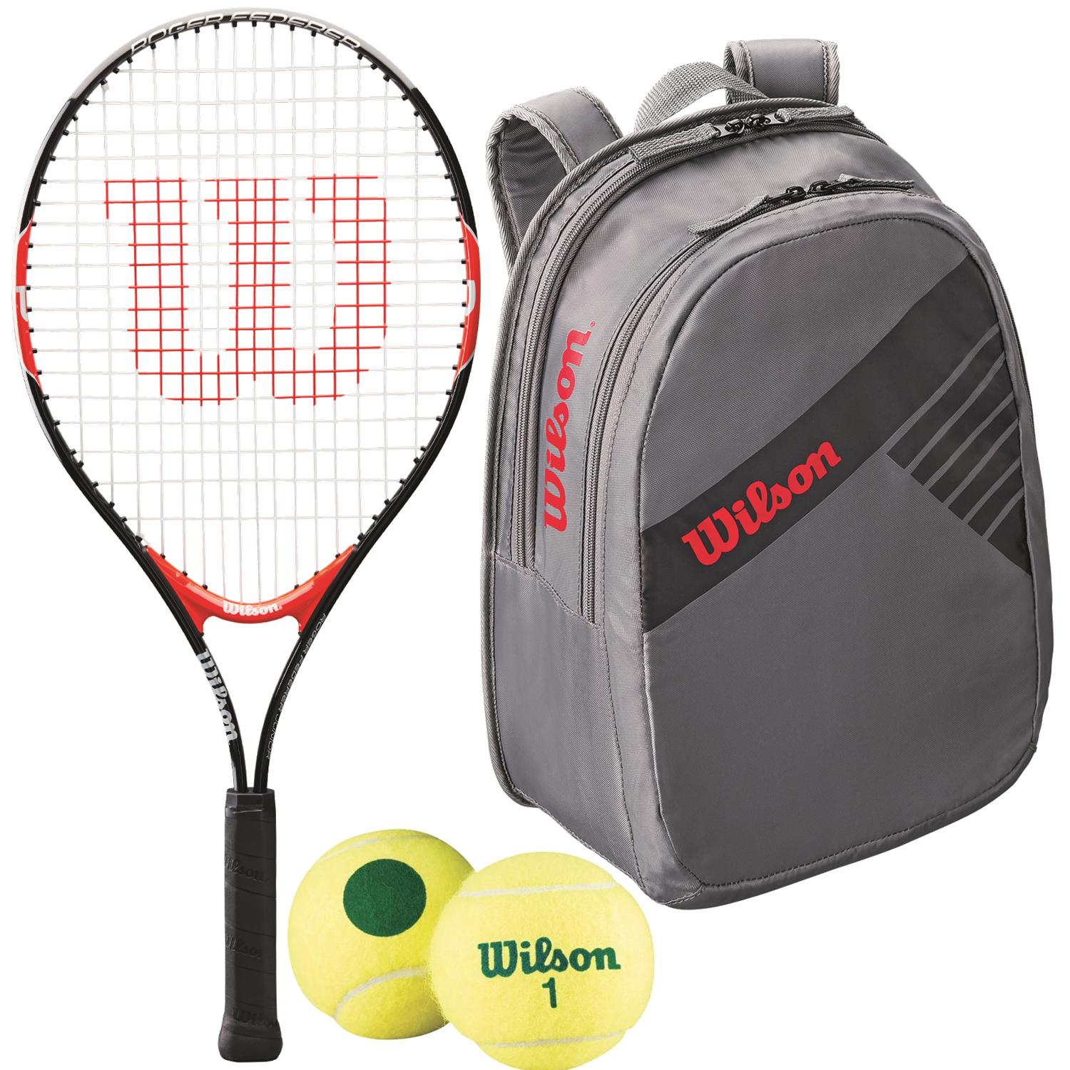 Wilson Roger Federer Junior Tennis Racquet, bundled with a Grey Junior Tennis Backpack and a 3-Pack of Green Dot Starter Tennis Balls