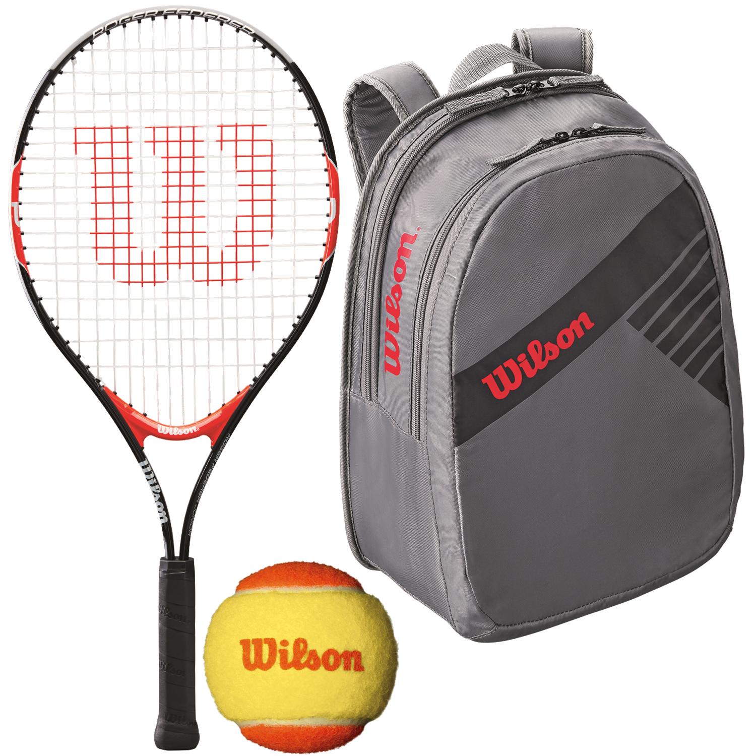 Wilson Roger Federer Junior Tennis Racquet, bundled with a Grey Junior Tennis Backpack and a 3-Pack of Orange Starter Tennis Balls