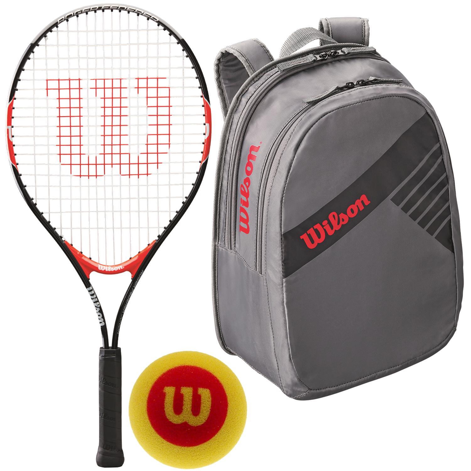 Wilson Roger Federer Junior Tennis Racquet, bundled with a Grey Junior Tennis Backpack and a 3-Pack of Red Foam Starter Tennis Balls