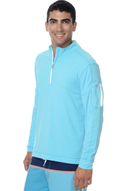 BloqUV Men&amp;apos;s UV Protection Mock Zip Long Sleeve Shirt (Light Turquoise)