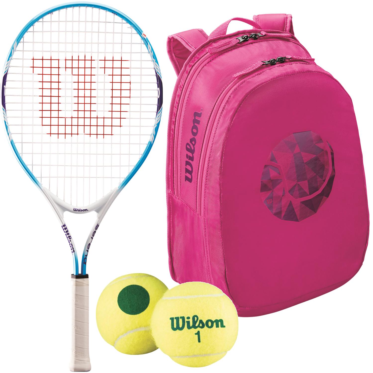 Wilson Serena Williams Junior Tennis Racquet, bundled with a Pink Junior Tennis Backpack and a 3-Pack of Green Dot Transition Tennis Balls